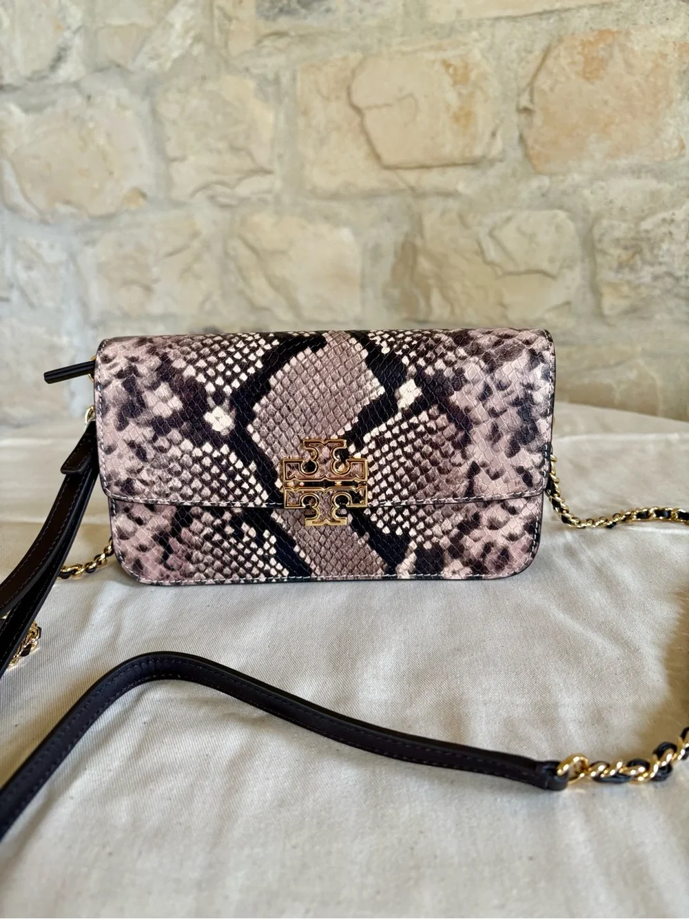 Tory Burch Pink Snake-Print Leather Chain Crossbody with Gold Logo